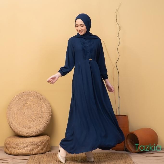 Dress Muslim Wanita Gamis Set Pashmina Azalia Navy Polos Crinkle