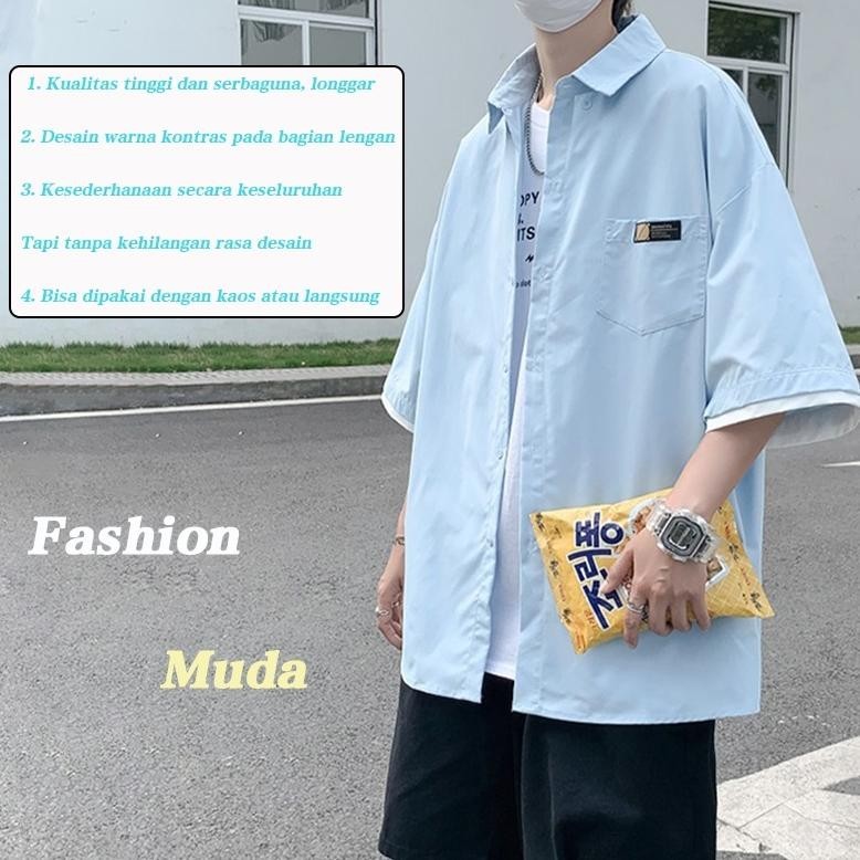 Big Sale Kemeja Pria Lengan Pendek Oversize Kemeja Biru Cowok Kasual Korean Style Kemeja Longgar Len