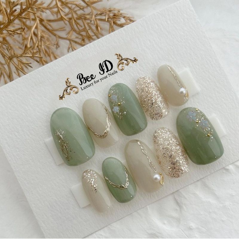 Nail Sage gren green hijau calm henna wedding kuku palsu nail art fake nails soflen kebaya