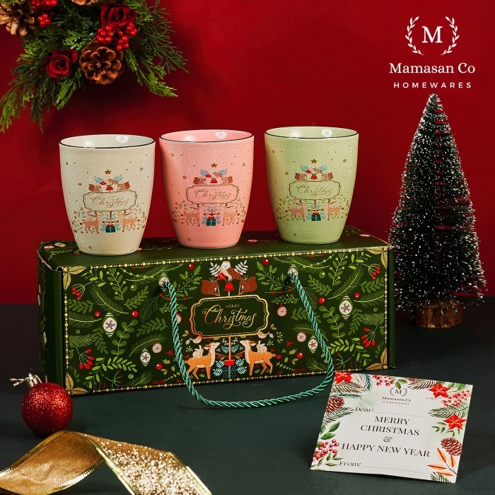 

Season Greeting Gold Plated 3 Mugs Set Gift Box Hamper Natal