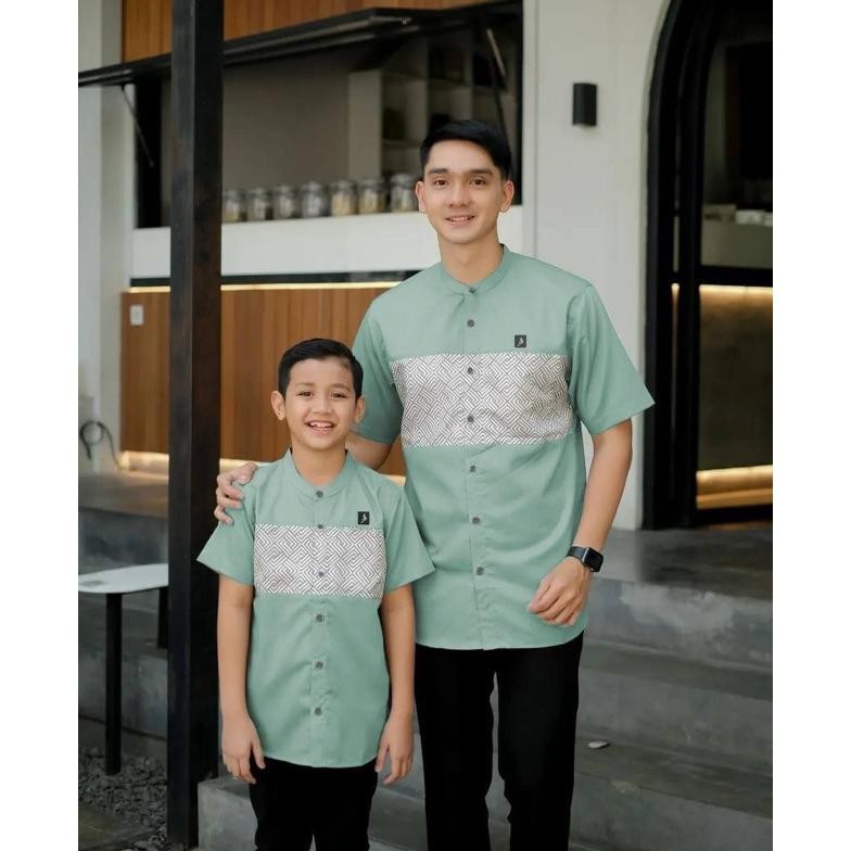 Baju Koko Kurta Couple Ayah & Anak Umur 4-12 Tahun Lengan Pendek - Motif Raudha - Bahan Toyobo Rekom