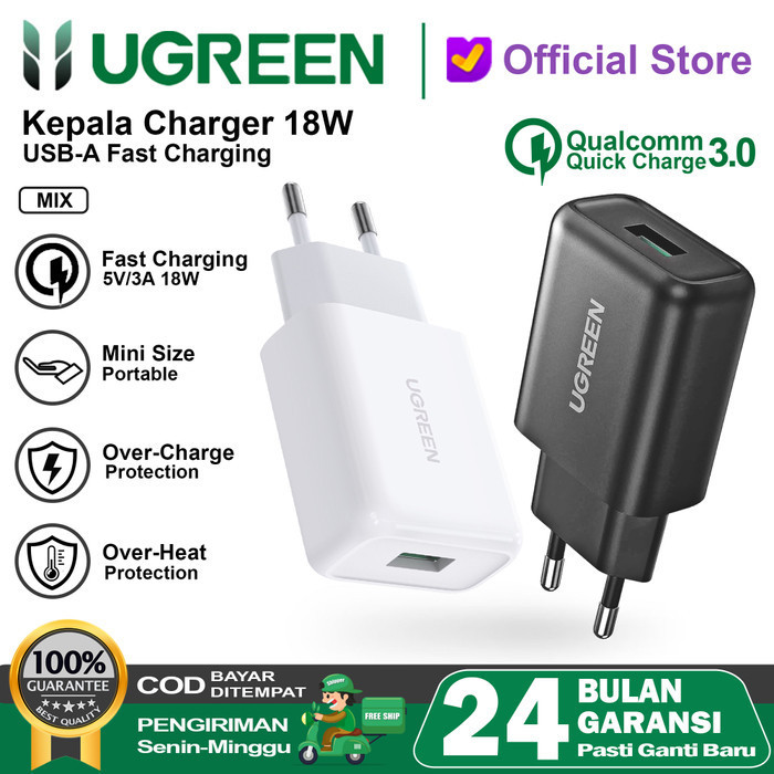 Top UGREEN Wall Charger Kepala iPhone 18W USB QC 3.0 Fast Charging