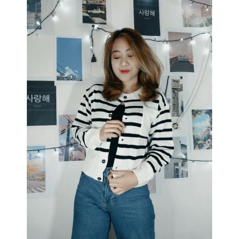 EMIRA CARDIGAN KNIT CROP CARDIGAN RAJUT WANITA STRIPE GAYA KOREA OUTER RAJUT SWEATER GARDIGAN CROP T