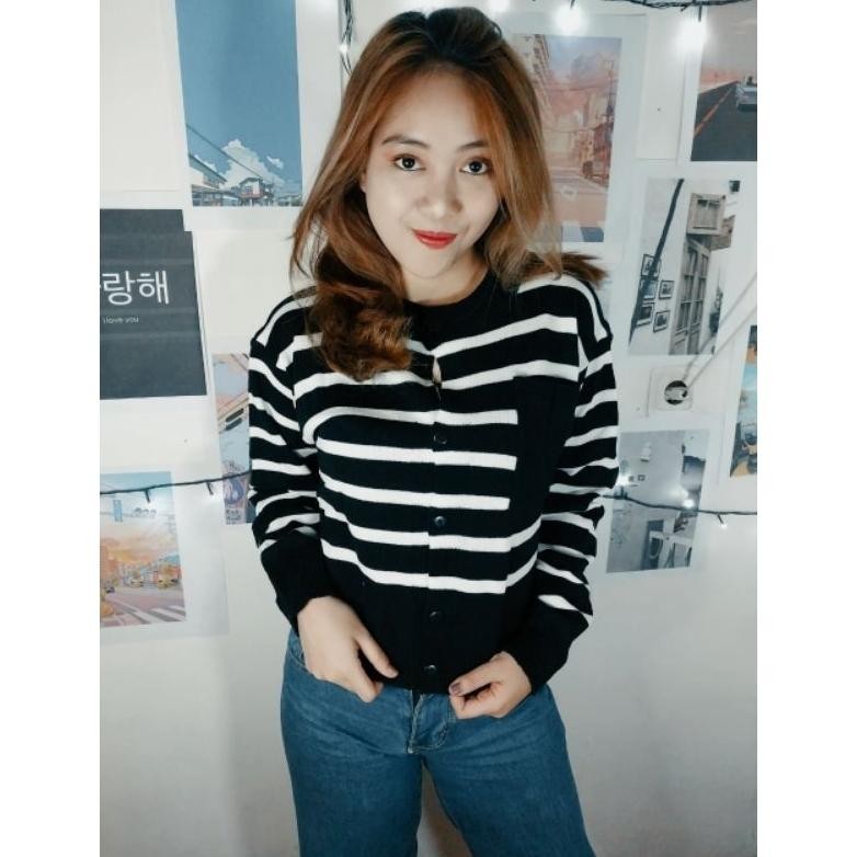 EMIRA CARDIGAN KNIT CROP CARDIGAN RAJUT WANITA STRIPE GAYA KOREA OUTER RAJUT SWEATER GARDIGAN CROP T