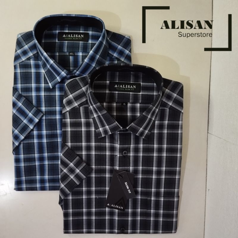 Alisan Kemeja Pria Motif Kotak-kotak Biru/Hitam Lengan Pendek slimfit