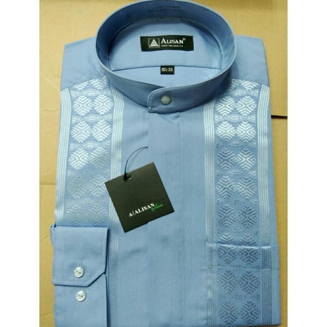 Kemeja Alisan Koko Bordir Biru Muda Lengan Panjang