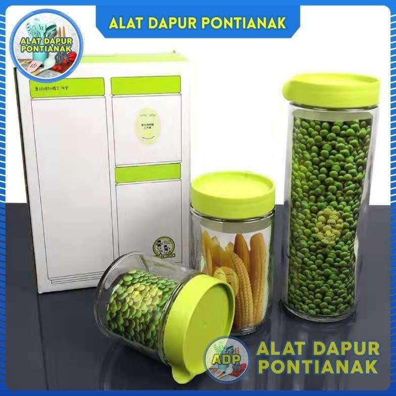 READYY STOCK >>> 3PCS SET TOPLES KACA MARINE TUTUP HIJAU CANTIK ELEGAN MEWAH GLASS CANISTER WADAH KU