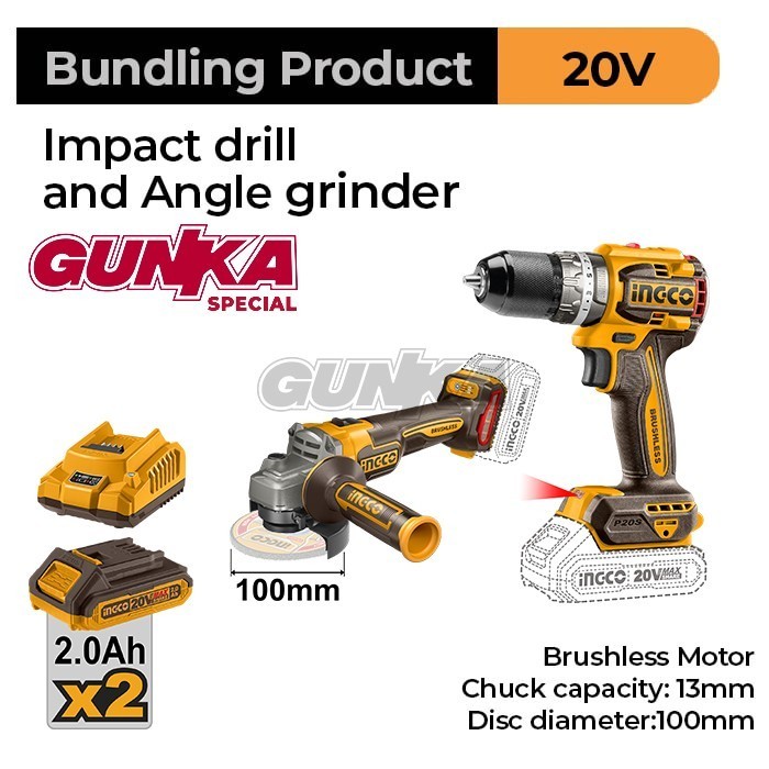 P20S Bundling Product Brushless Ingco Bor + Gerinda + Baterai Charger