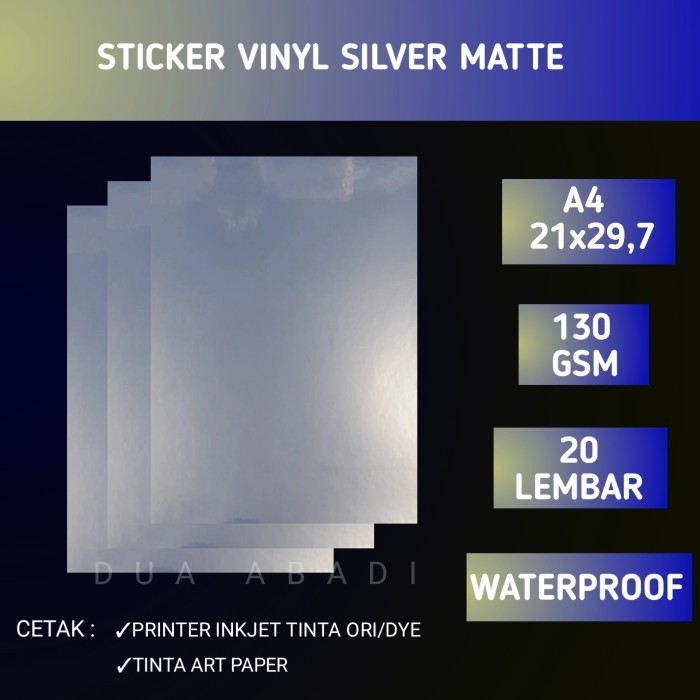 

Kertas Sticker Vinyl Pet Silver Matte A4 Isi 20 Lembar Waterproof