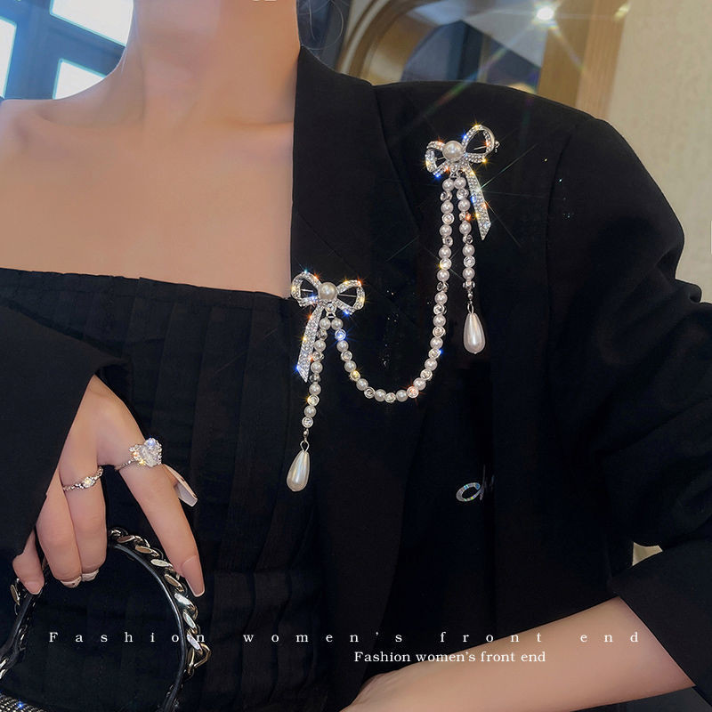Full Diamond Bow Brooch Tassel Pearl Pin Chain Chest