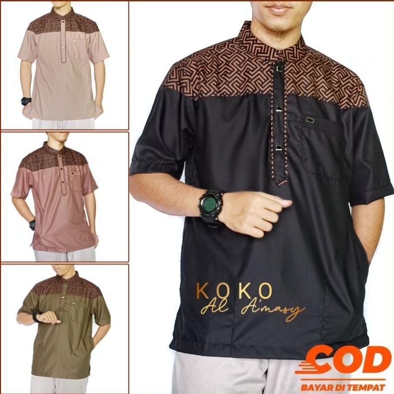 Baru Baju Koko Pria Lengan Panjang Warna Army Brown Mocca Black Hitam Premium Koko Batik Kemko Tanga