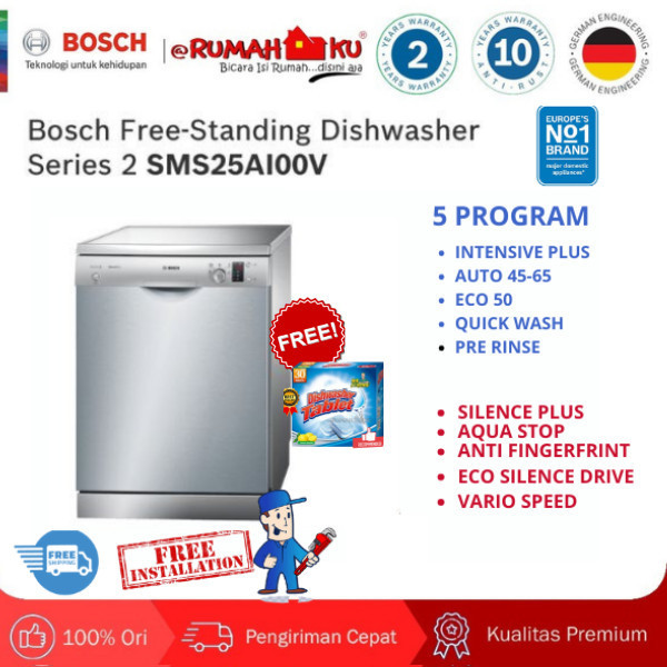 Bosch Free-Standing Dishwasher 60Cm Sms25Ai00V Seri 2 Silver Inox Original Dan Terpercaya