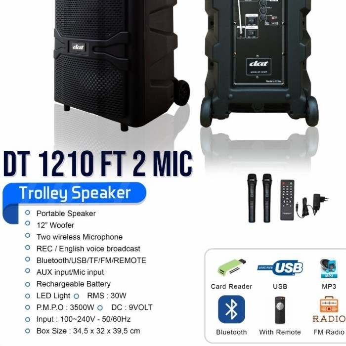 Speaker Trolley Portable Dat Dt1210 Ft 2Mic / Speaker Dat Dt 1210 Ft 2