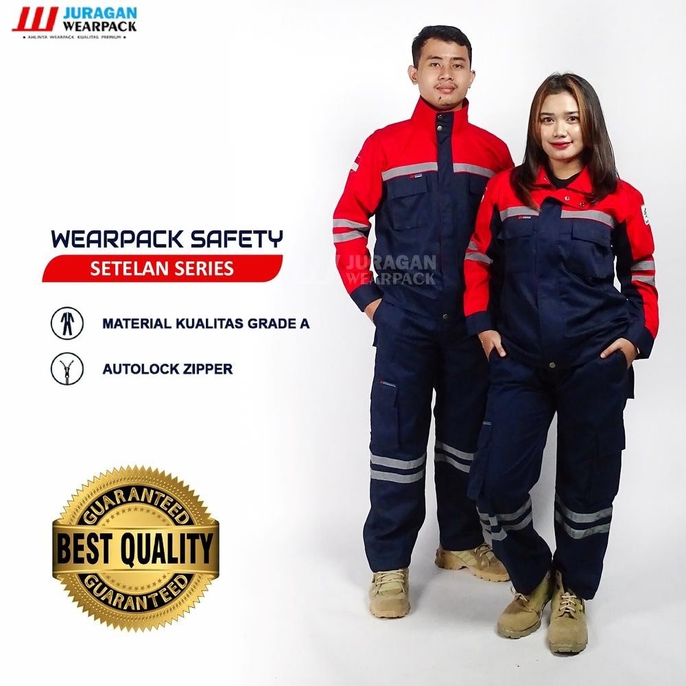 Big Sale Juragan Wearpack - Wearpack Safety Setelan Atasan Warna Merah Bawahan Biru Navy laris