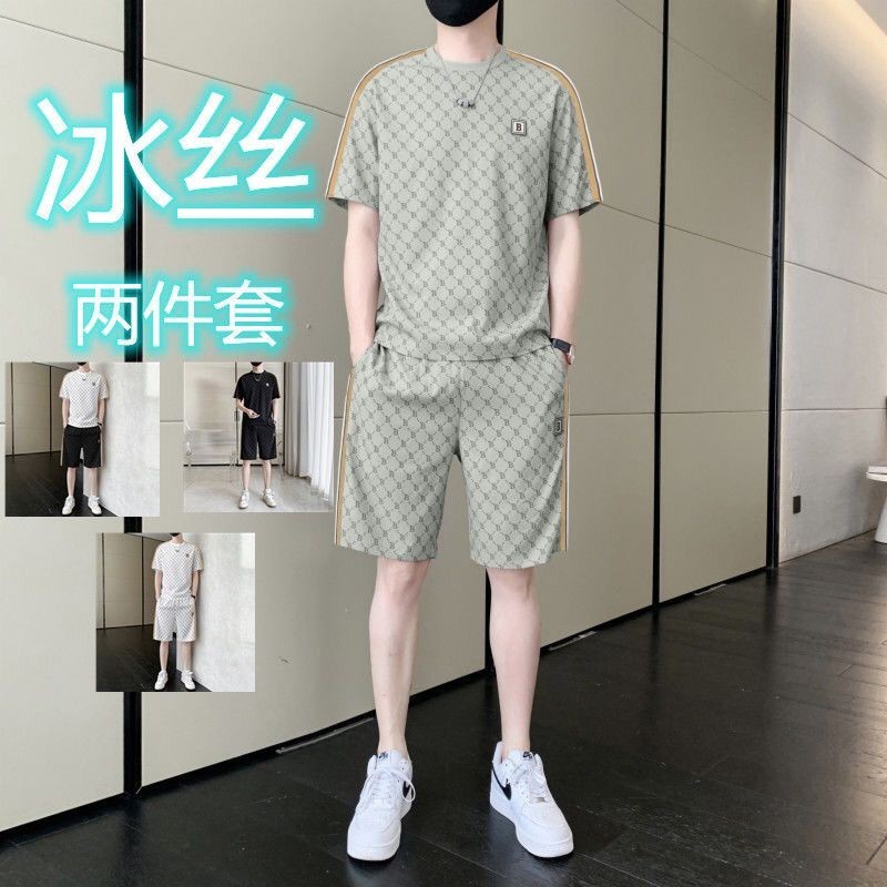 Men's Casual ShortsTShirt Thin Ice Silk Printed Handsome Sportswear Suit