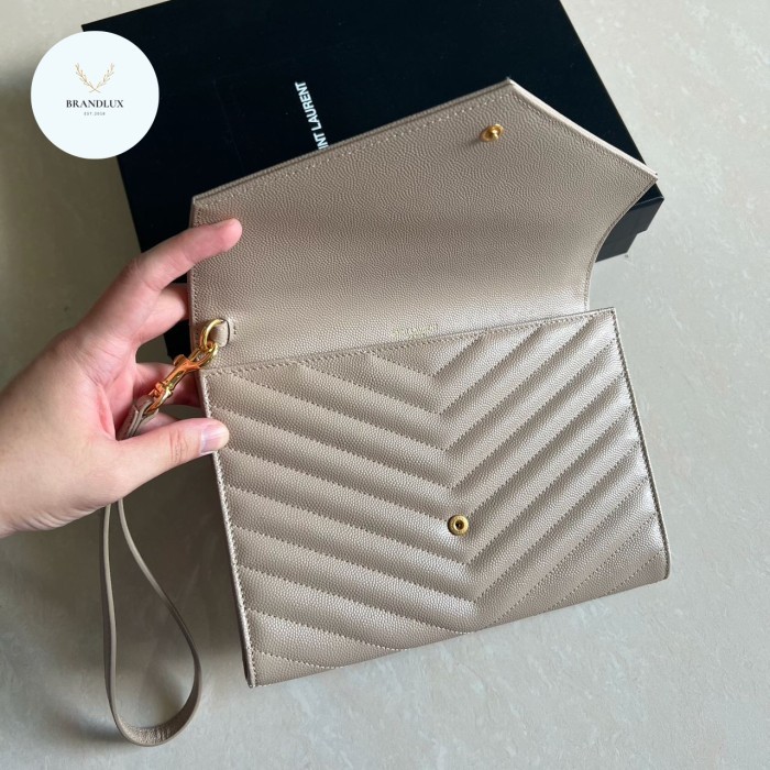 Ysl Monogram Clutch With Wristlet In Dark Beige Ghw - 100% Authentic