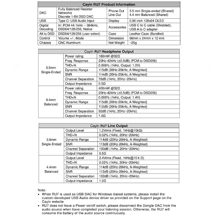 Cayin Ru7 / Ru 7 Portable Hi-Fi Discrete 1-Bit Usb Dongle Dac Amp
