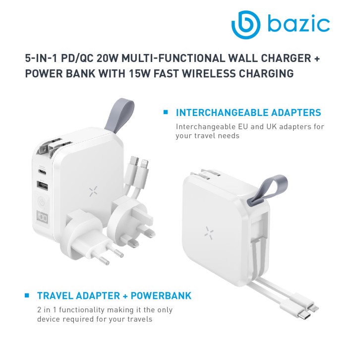 Wall Charger With Powerbank + Built-In Cable Bazic Goport Travel 10K