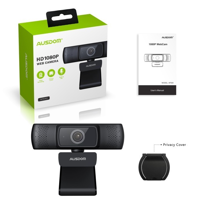 Ausdom Webcam 1080P Auto Focus W/ Noise Cancelling Microphone - Af640