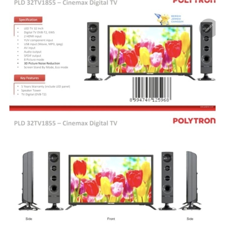 Polytron Led Digital Tv 32 Inch Dvb-T2 Pld 32Tv1855