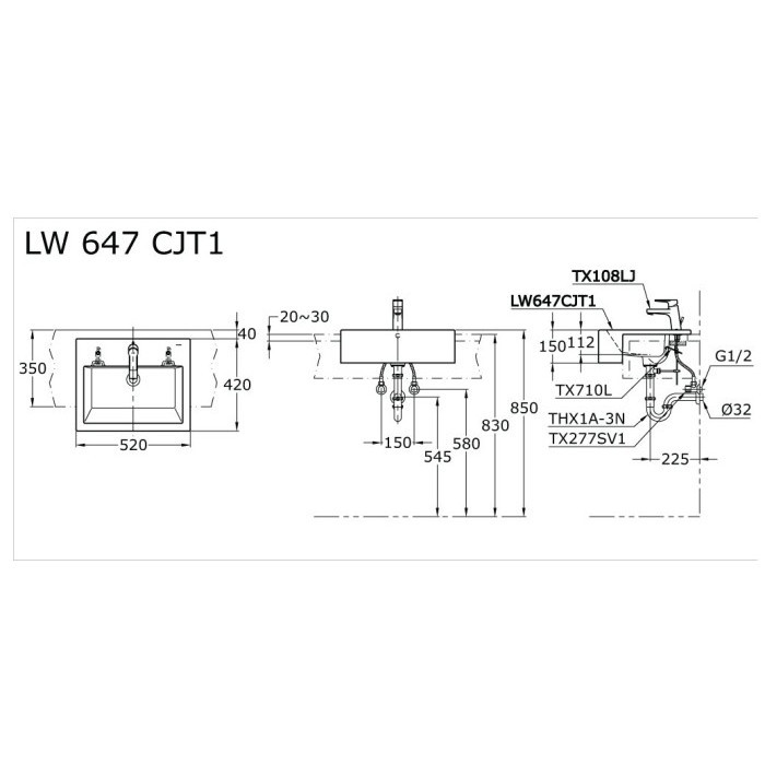 Wastafel Toto Lw647Cjt1W/F Semi Recessed Lavatory (Body Only)
