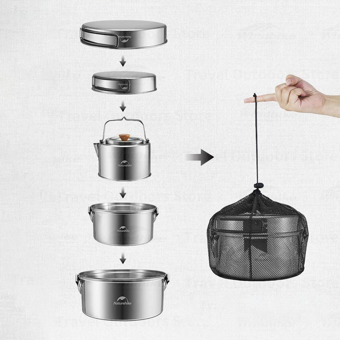 Alat Masak Camping Naturehike Nh22Cj005 Cooking Pot Set W/ Kettle 2-3P