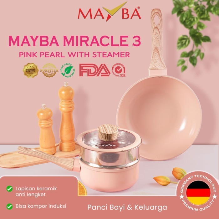 Panci Set Miracle Pink 3 Pcs Keramik Antilengket Wok,Saucepan, Steamer