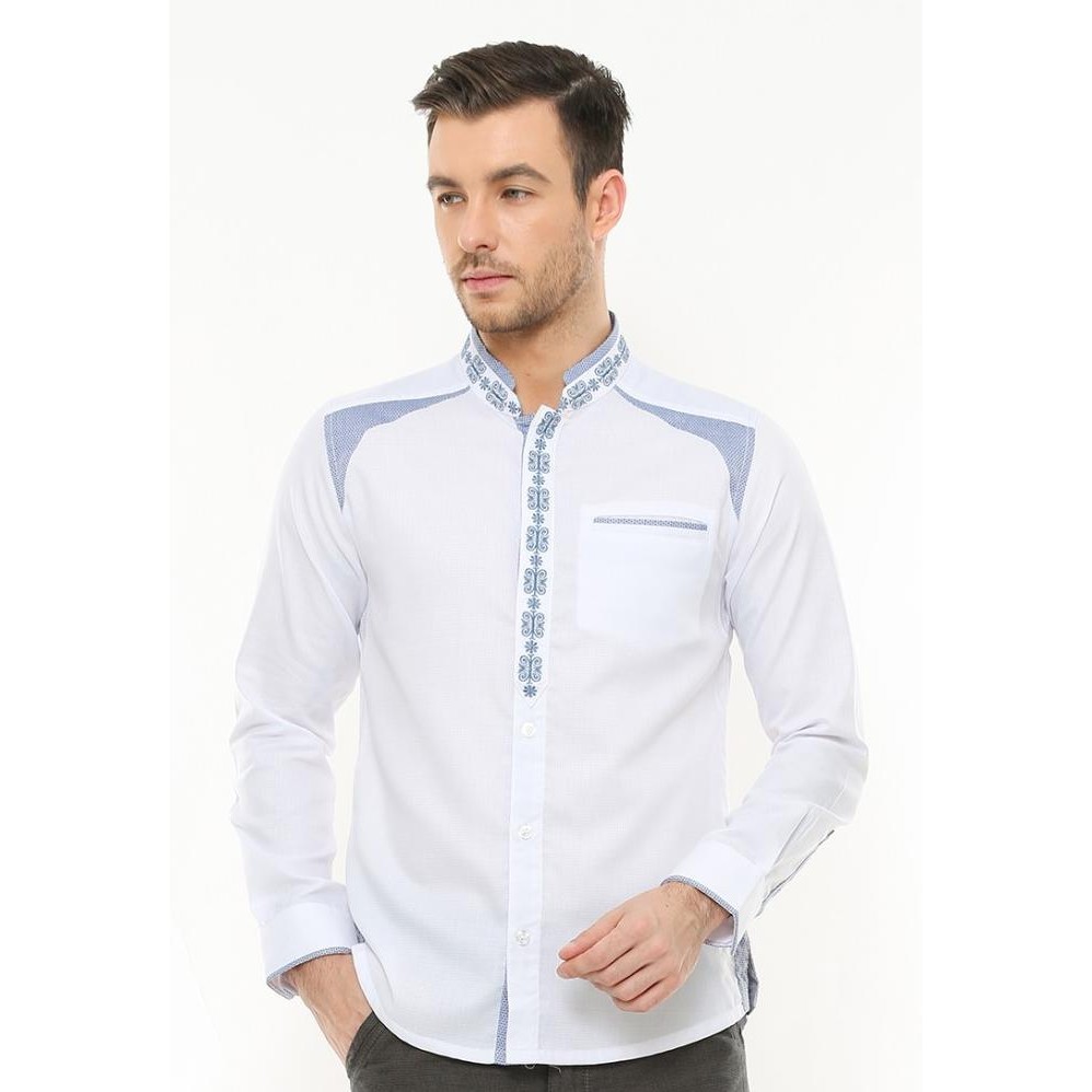 Lgs - Slim Fit - Baju Koko - Aksen Biru - Motif Bordir - Putih -