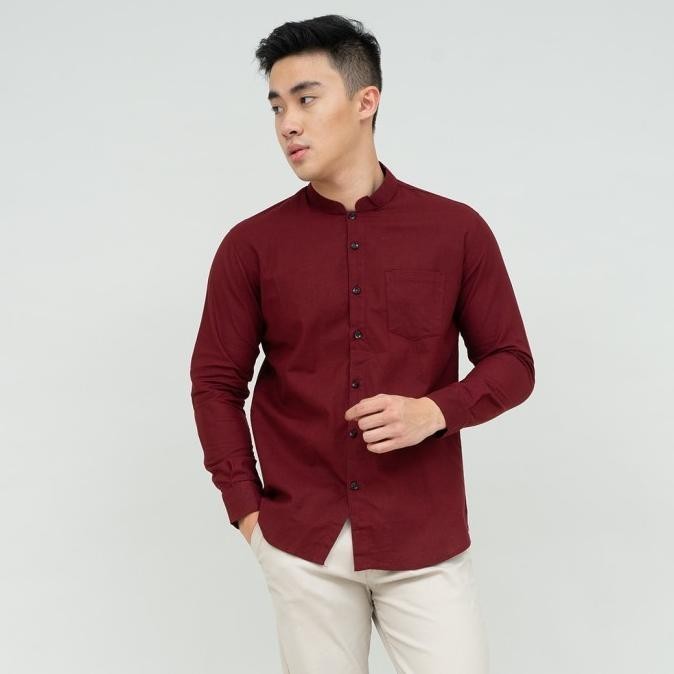 Houseofcuff Kemeja Koko Lengan Panjang Pria Maroon