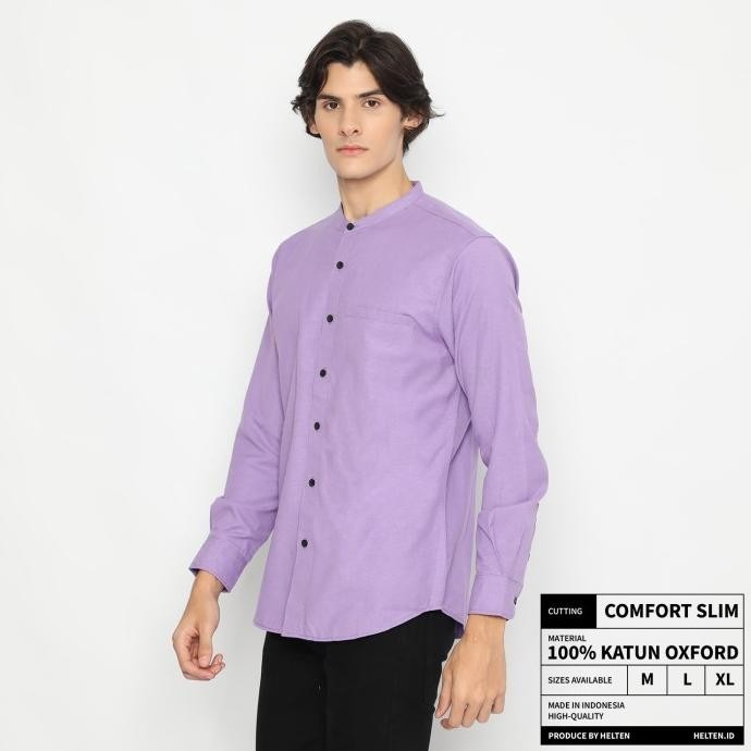 Kemeja Kerah Koko Pria Helten Lengan Panjang Warna Ungu Lilac