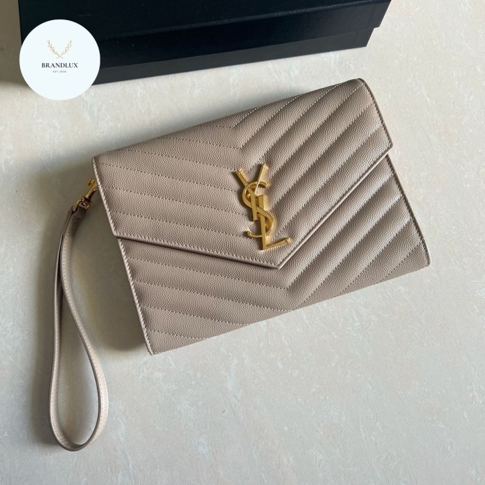 Ysl Monogram Clutch With Wristlet In Dark Beige Ghw - 100% Authentic