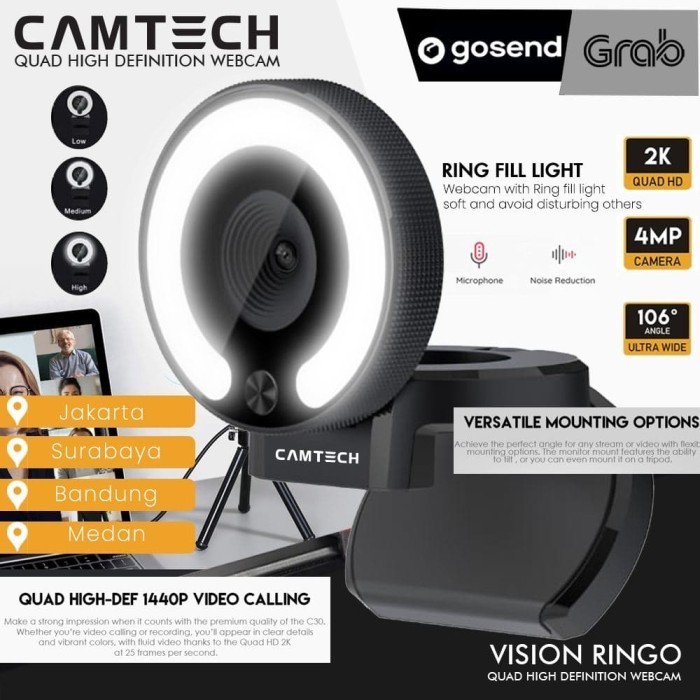 Camtech Webcam 2K 4Mp Ringo Qhd 1440P With Ring Light And Auto Focus