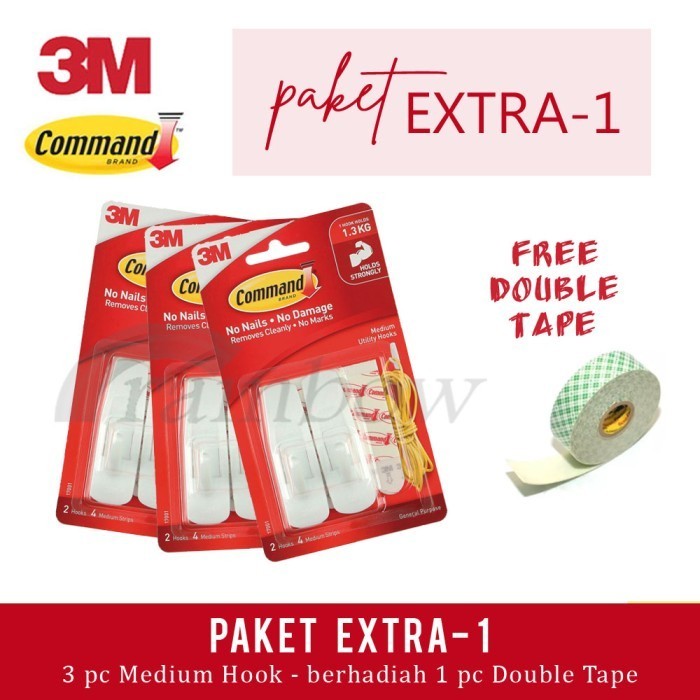 

MURAH 3M Command Paket Extra 1 (3 Medium Hook/Gantungan + Double Tape)