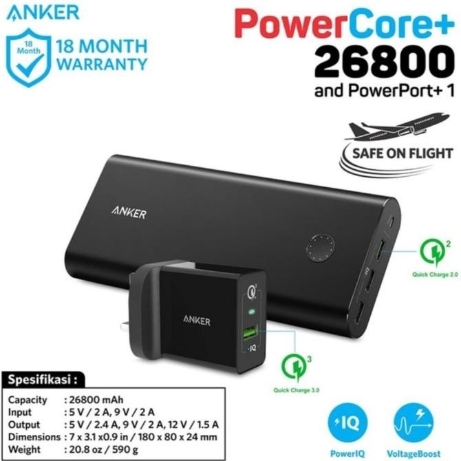 Angker Powerbank Powercore+ 26800 Qc 2.0 & Powerport+ 1 Qc3.0 B1372