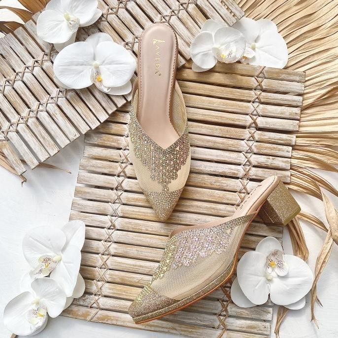 Colourful Selop Slip-On Sandal Pesta Wanita Block Heels Aveda