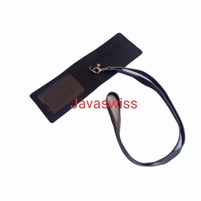 

BARANG TERLARIS Name tag magnit tali asli kulit hitam polos unisex card holder leather