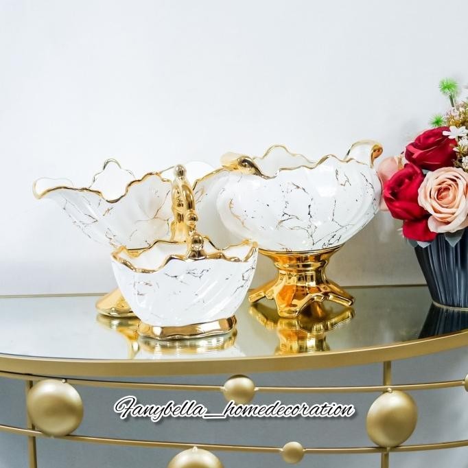 Vas Bunga Keramik Guci Tempat Serbaguna Buah Makan Kecil Putih Marble
