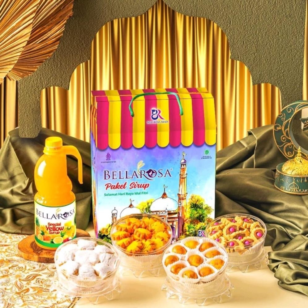 

CR - 1 PAKET / HAMPERS KUE LEBARAN / BELLAROSA SIRUP MASJID 4 TOPLES + 1 SIRUP 800 ML DAN GRATIS PACKING BUBBLE 2 LAPIS TERLARIS