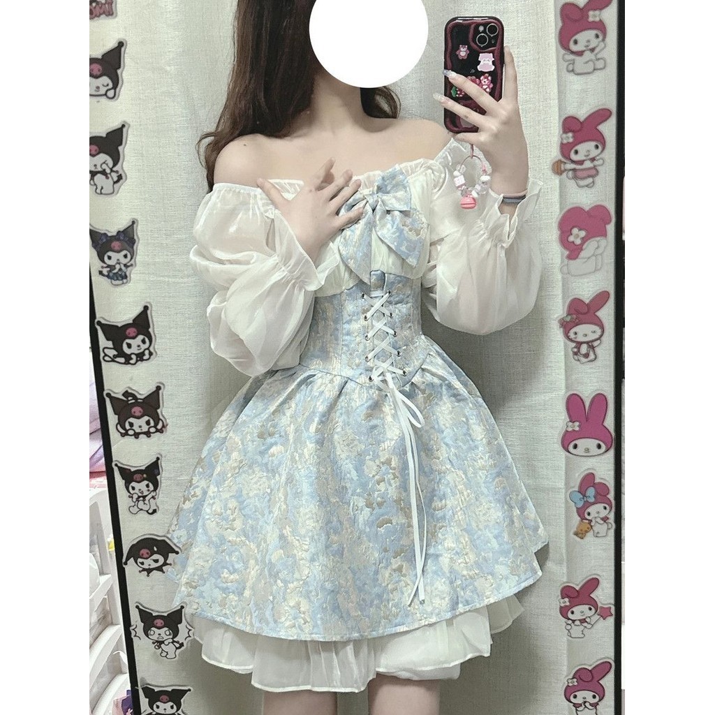 Mori Girl Gorgeous Dress Blue Butterfly French Sweet Girl Cute Umbrella Princess Dress