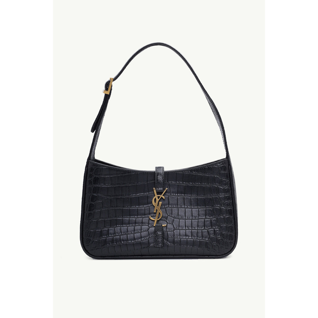 YVES SAINT LAURENT Le 5 A 7 Hobo Bag in Black Croco-Embossed Shiny Leather with Bronze-Tone Hardware