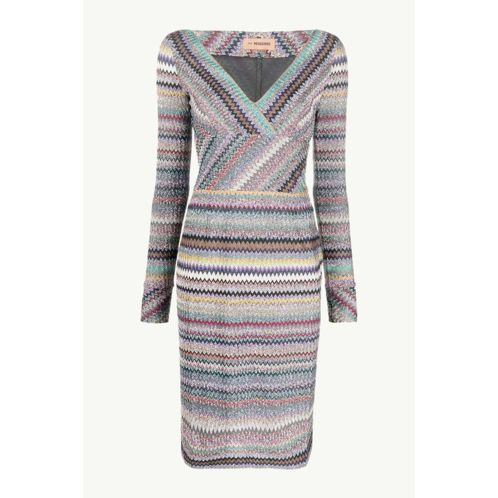 MISSONI Women Zig-Zag Patterns V-Neck Dress in Beige Multicolor Glitter with Long Sleeves