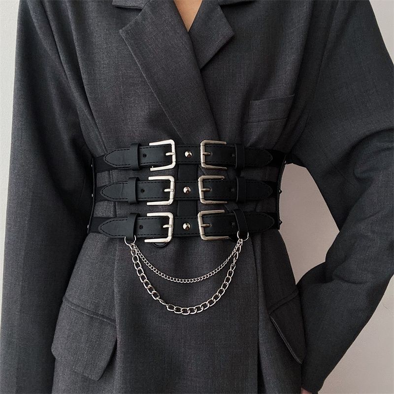 Chain Punk Belt with Skirt Coat Waist Seal
