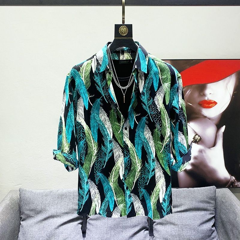 Kemeja Bunga Lengan Setengah Motif Bulu Retro Pria, Kemeja Lengan 3/4 Motif Bulu Retro Tampan Gaya K