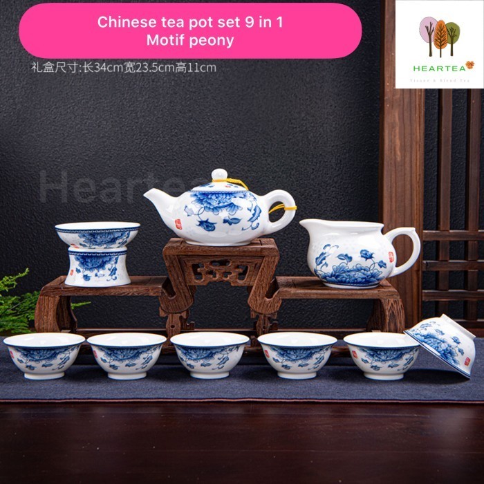TEKO KERAMIK ANTIK CHINESE TEA POT SET MOTIF BUNGA PEONY (10 IN 1)