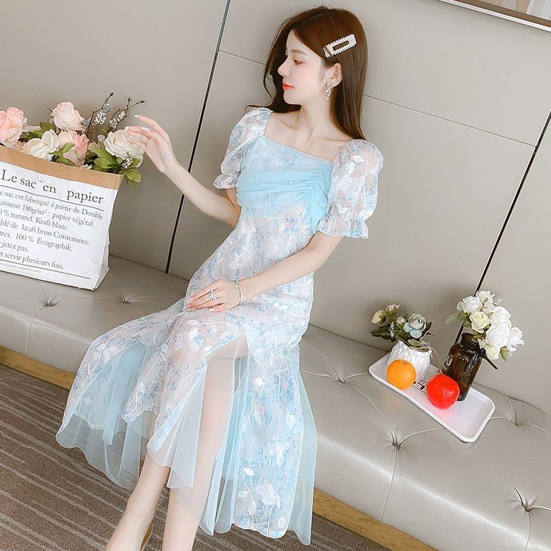 French Princess Dress New Super Fairy Blue Mesh Dress Dress Waist Dress for Women