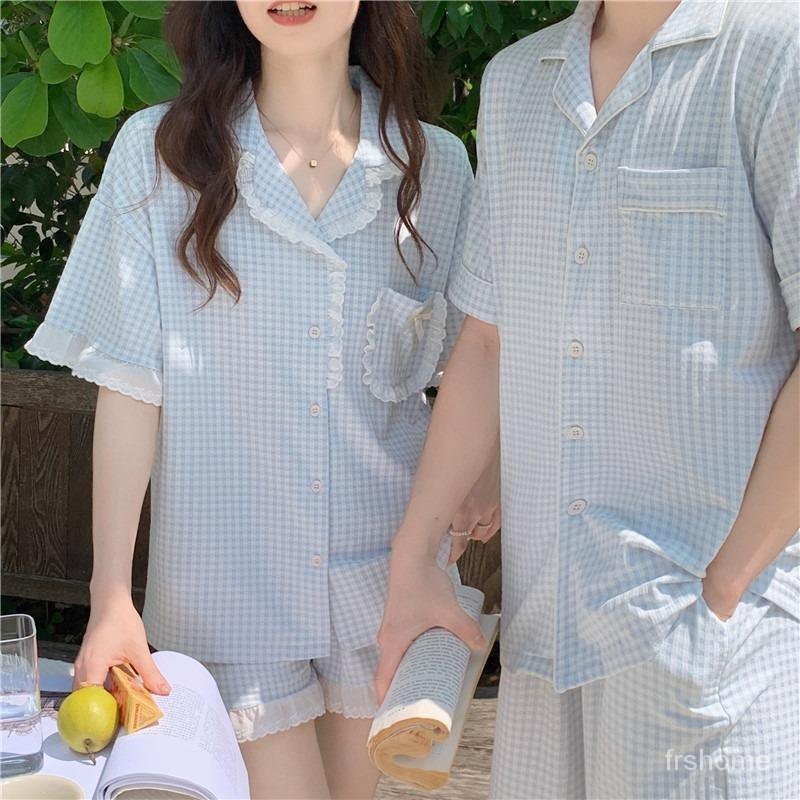 Pasangan renda kotak-kotak celana pendek lengan pendek piyama katun piyama wanita  pakaian rumah