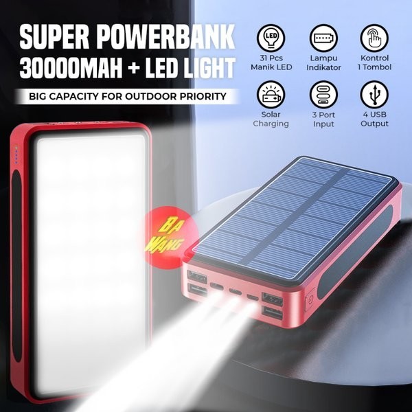 Powerbank Solar 30000Mah 4 Usb Plus 3 Input Lampu Spotlight Sorot Led