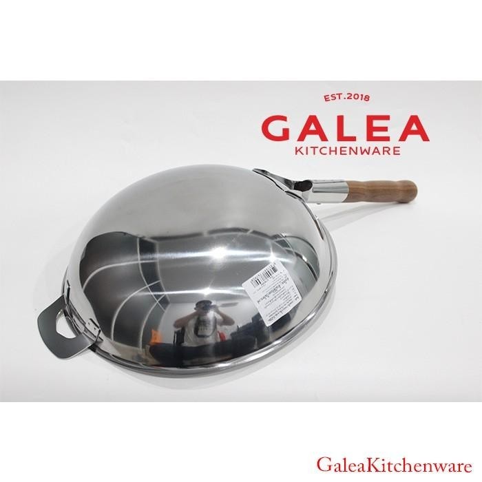 Wajan Zebra Stainless Chinese Wok Vitalux 30 Cm 3 Ply Teak Wood Kayu 090