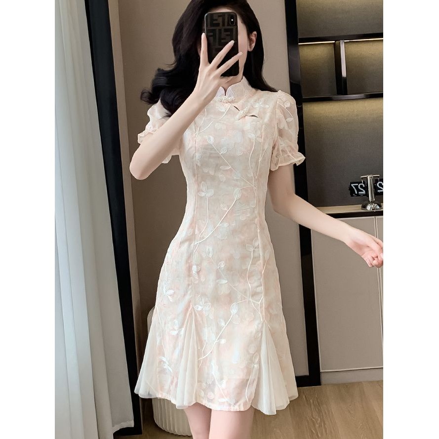 Gaun Cheongsam, Dress Pelangsing Peri Super Peri Panjang Setengah Renda Peri Elegan Baru