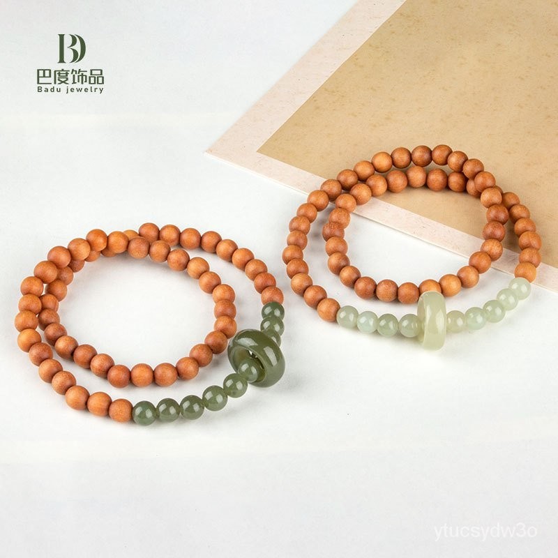 Qingshan Gelang Lingyin Susu Sandalwood Hetian Gelang Lari Lingkaran Ganda Gaya Nasional Sederhana G